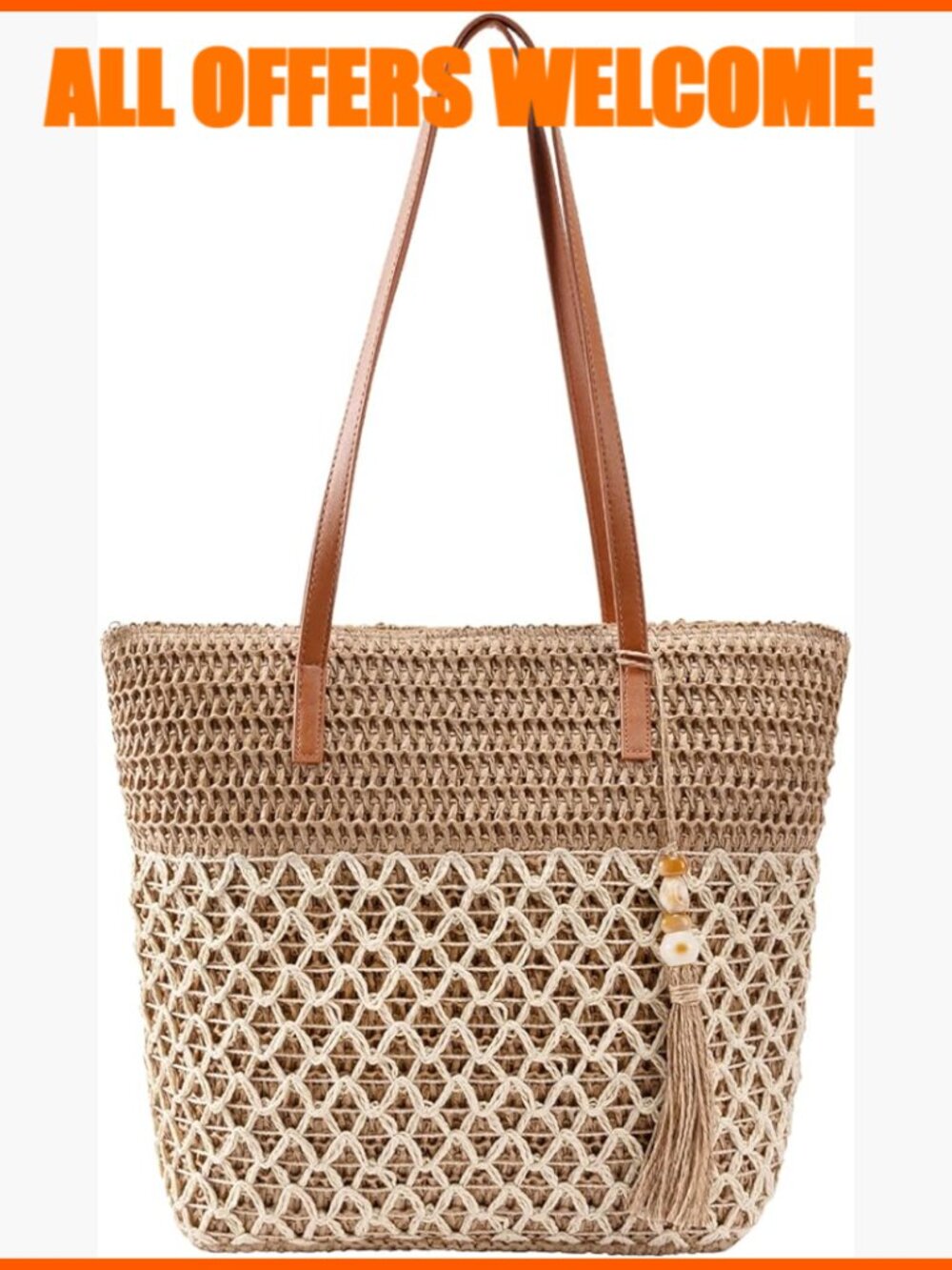Handwoven Straw Tote Bag with PU Leather Strap, Zipper Closure